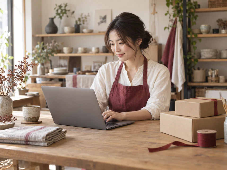 小さなオンラインショップで商品と向き合いながら働く店主のイメージ