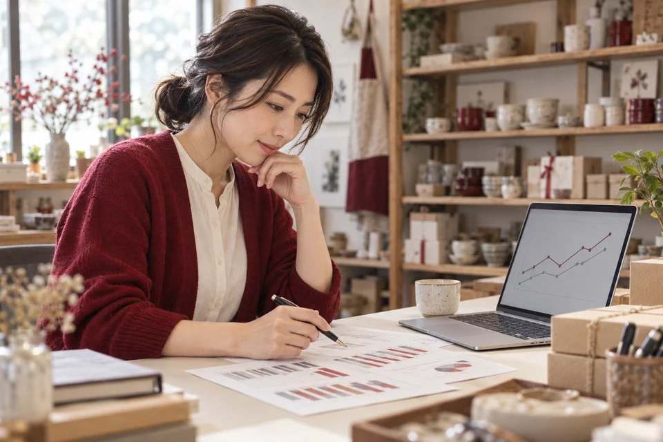 売上のグラフと資料を見ながら改善点を考えるEC事業者のイメージ
