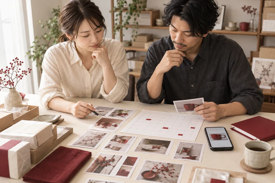 商品写真とカレンダーを並べて販促計画を相談するEC事業者のイメージ
