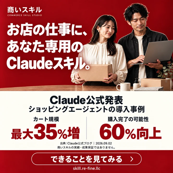 商いスキル。お店の仕事に、あなた専用のClaudeスキル。Claude公式のショッピングエージェント導入事例:カート規模が最大35%増、購入完了の可能性が60%向上。商いスキルの実績・成果保証ではありません。